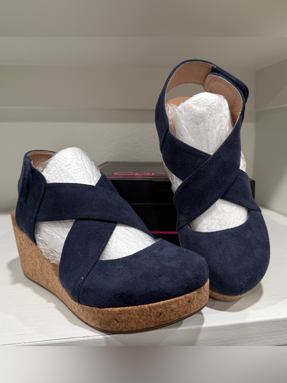 Corkys Navy Suede Crisscross Cork Wedge Sandals